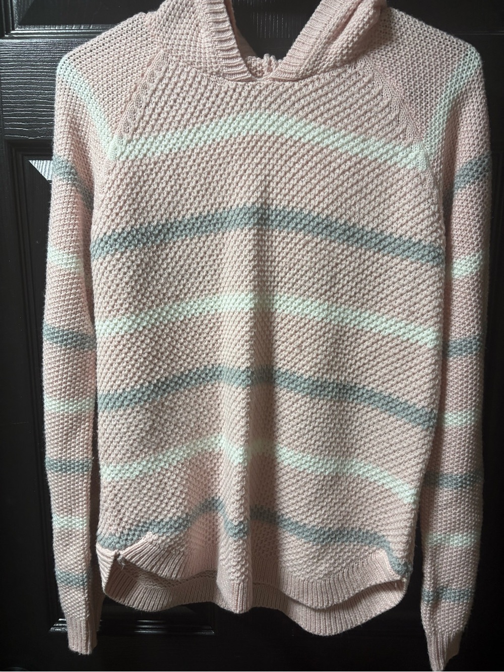 Cloud Chaser Pink Hooded Sweater with Mint and Gray Stripes